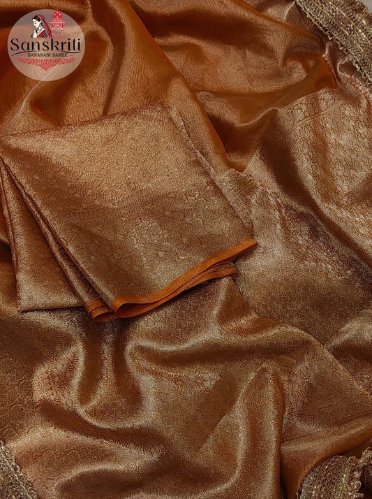 Premium Banarasi Copper Tissue Silk Saree with Heavy Lace Border & Rich Zari Weaving