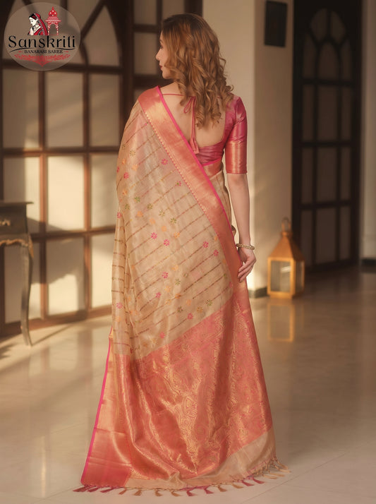 Banarasi Handwoven Embroidery Tissue Saree with Gold & Pink Zari Border – Elegant Festive Wear (6.3 Meters)