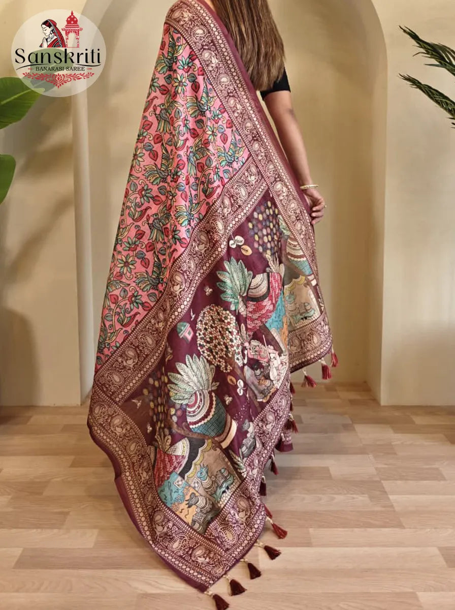 Soft Cotton Chanderi Saree with Kalamkari Digital Print & Decorative Tassels | Elegant Ethnic Wear for Women