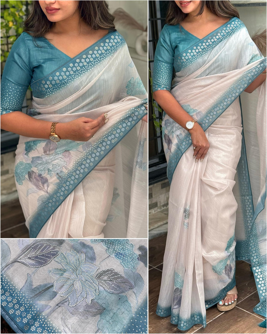 Premium Taspa Silk Saree with Dual Color Sequin Work & Digital 3D Print | Elegant Party Wear Saree