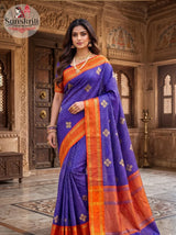 Premium Blue & Orange Buta Soft Silk Saree | Elegant Traditional Party Wear Saree with Rich Weaving