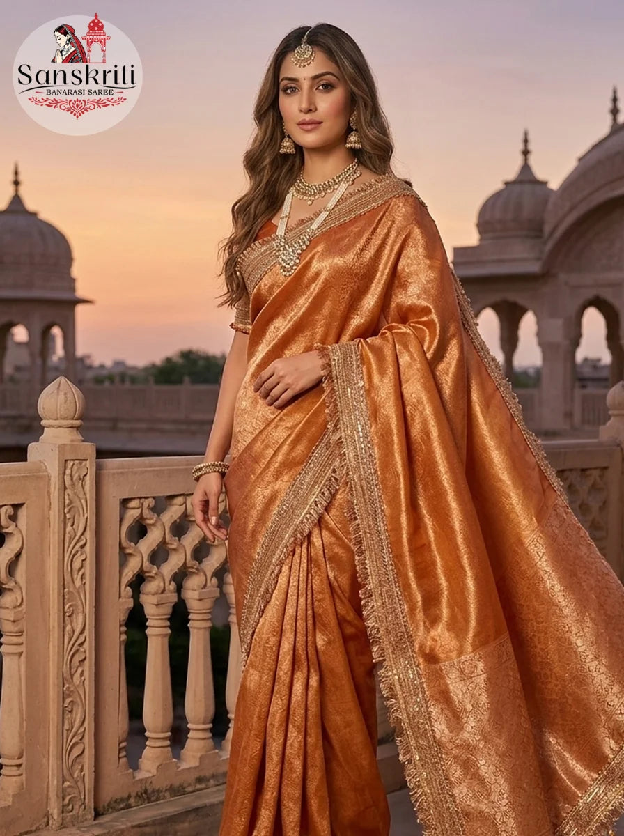 Premium Banarasi Copper Tissue Silk Saree with Heavy Lace Border & Rich Zari Weaving