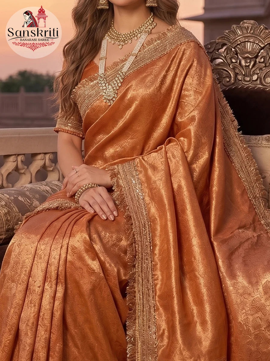 Premium Banarasi Copper Tissue Silk Saree with Heavy Lace Border & Rich Zari Weaving