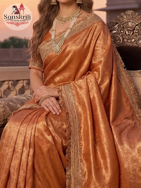 Premium Banarasi Copper Tissue Silk Saree with Heavy Lace Border & Rich Zari Weaving
