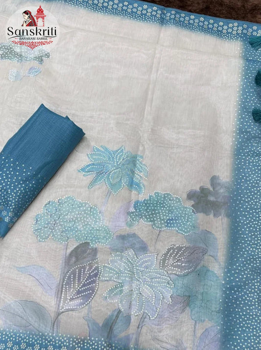 Premium Taspa Silk Saree with Dual Color Sequin Work & Digital 3D Print | Elegant Party Wear Saree
