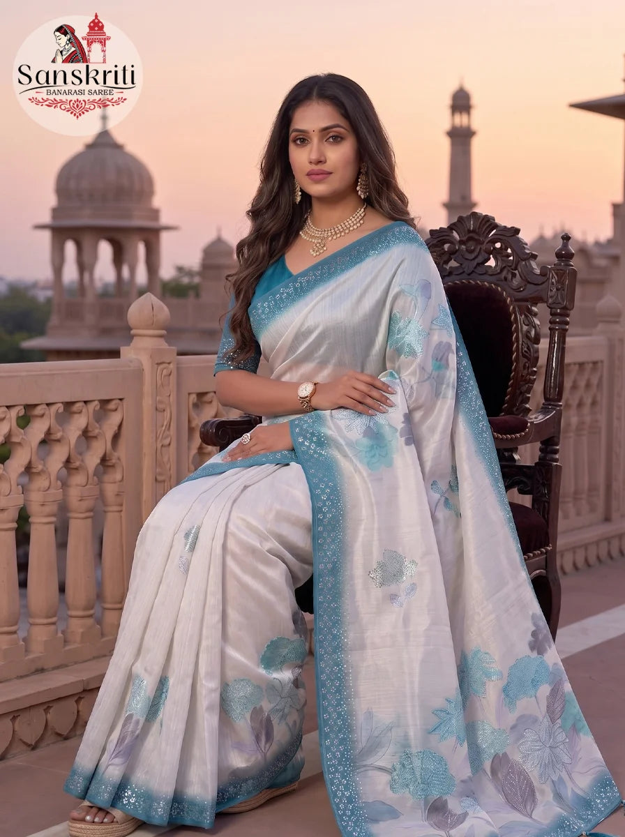 Premium Taspa Silk Saree with Dual Color Sequin Work & Digital 3D Print | Elegant Party Wear Saree