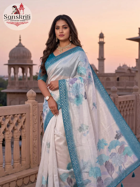 Premium Taspa Silk Saree with Dual Color Sequin Work & Digital 3D Print | Elegant Party Wear Saree