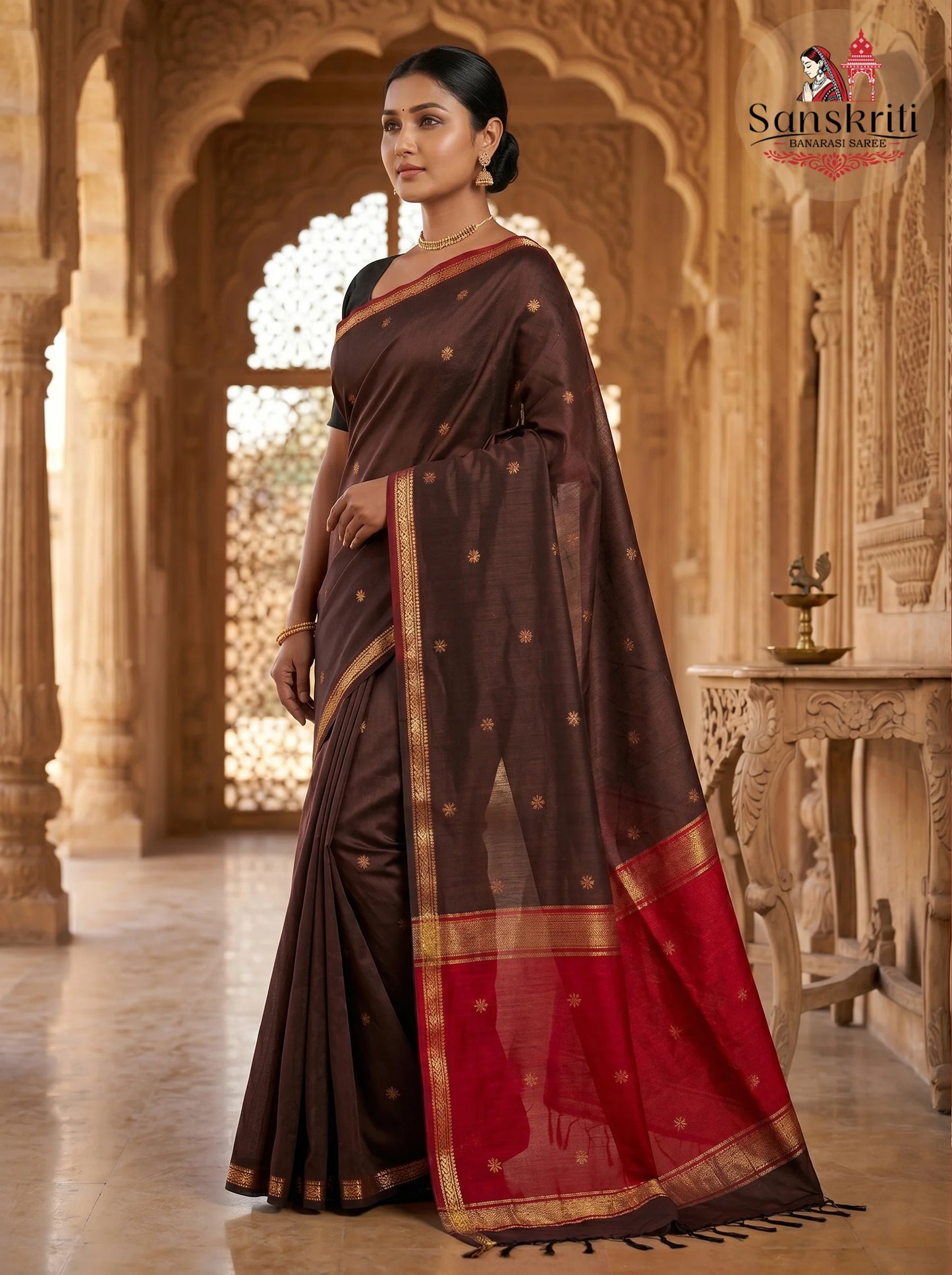 Handwoven Maheshwari Silk Cotton Saree – Traditional Lightweight Elegance (6.2–6.3 Meters)