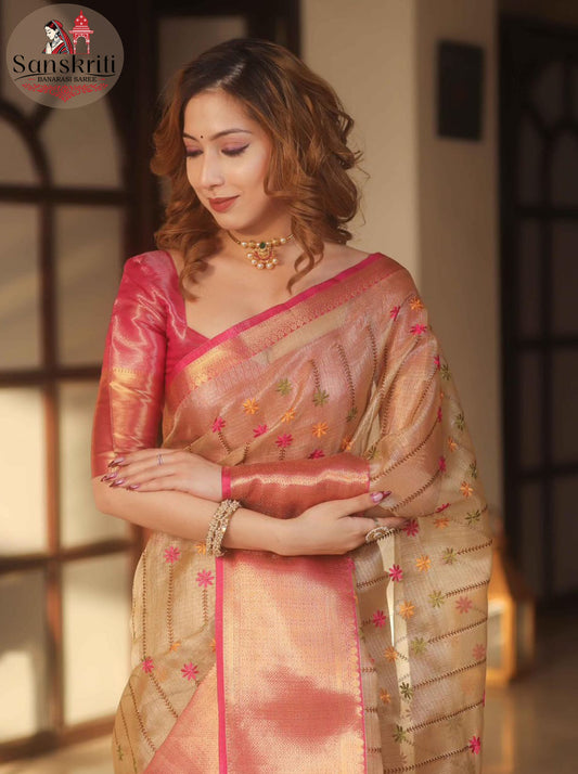 Banarasi Handwoven Embroidery Tissue Saree with Gold & Pink Zari Border – Elegant Festive Wear (6.3 Meters)