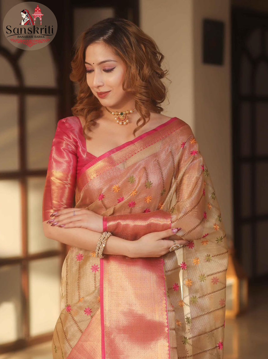 Banarasi Handwoven Embroidery Tissue Saree with Gold & Pink Zari Border – Elegant Festive Wear (6.3 Meters)