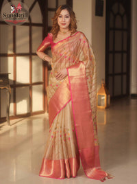 Banarasi Handwoven Embroidery Tissue Saree with Gold & Pink Zari Border – Elegant Festive Wear (6.3 Meters)
