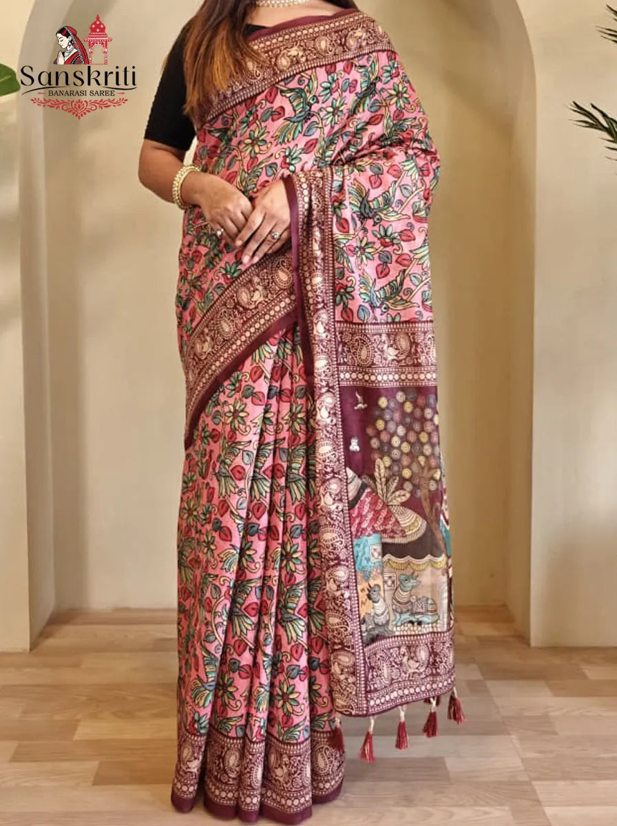Soft Cotton Chanderi Saree with Kalamkari Digital Print & Decorative Tassels | Elegant Ethnic Wear for Women