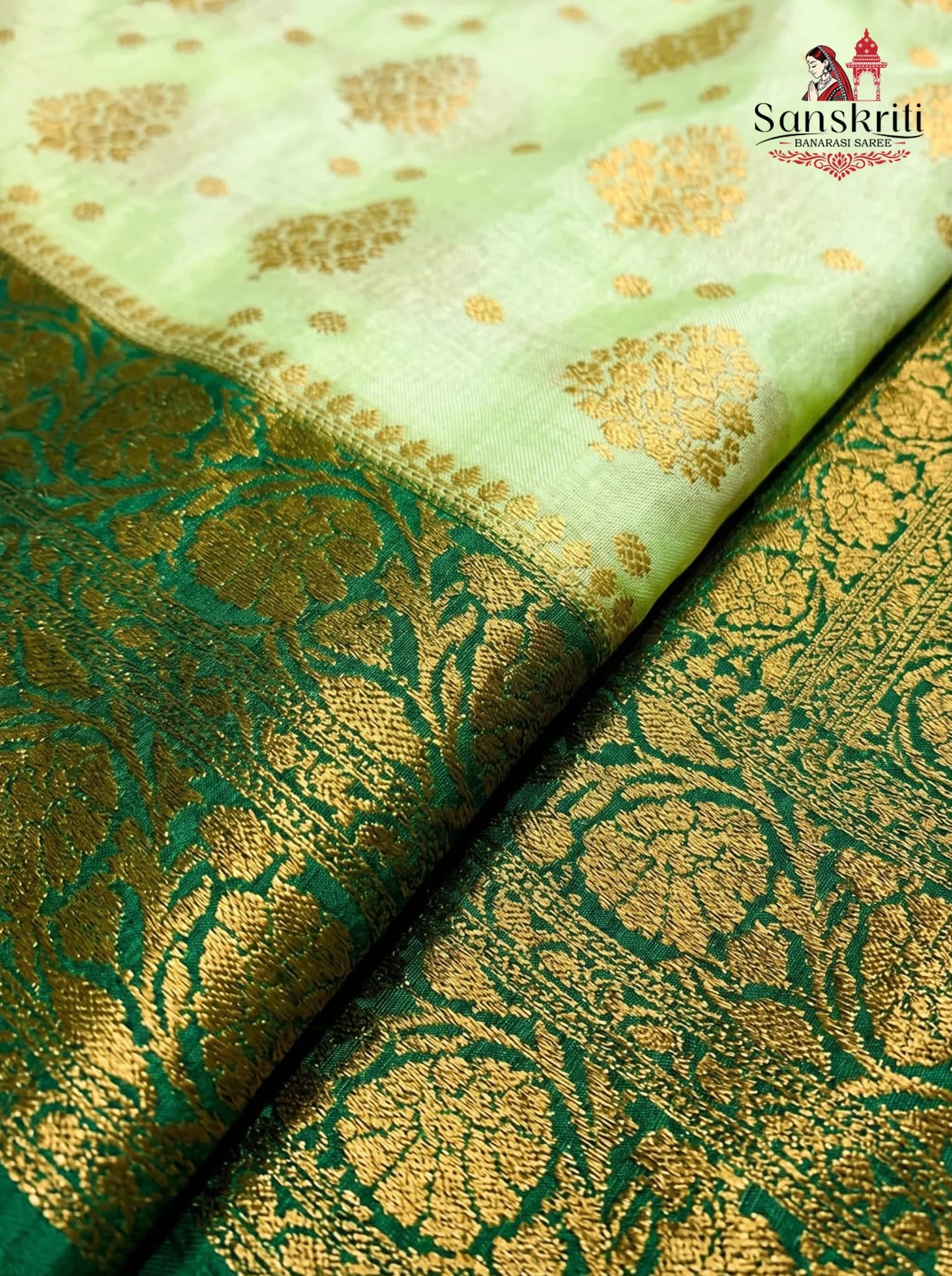 Light Green Banarasi Silk Saree with Dark Green Border & Gold Zari Buti – Premium Soft Silk (6.25 Meters)