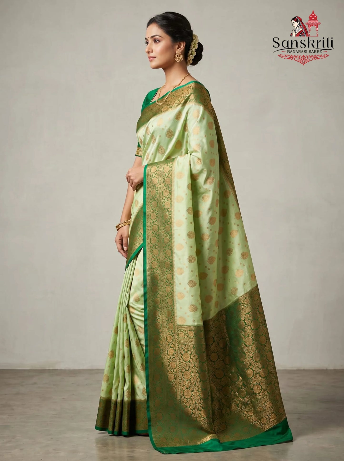Light Green Banarasi Silk Saree with Dark Green Border & Gold Zari Buti – Premium Soft Silk (6.25 Meters)