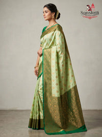Light Green Banarasi Silk Saree with Dark Green Border & Gold Zari Buti – Premium Soft Silk (6.25 Meters)