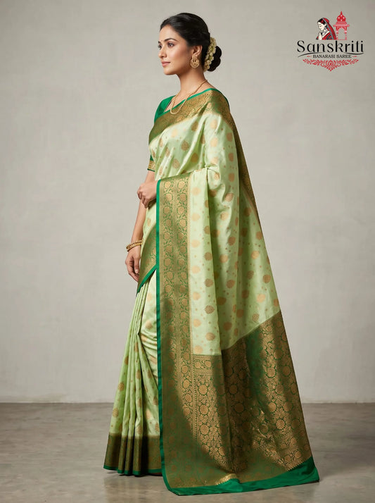 Light Green Banarasi Silk Saree with Dark Green Border & Gold Zari Buti – Premium Soft Silk (6.25 Meters)