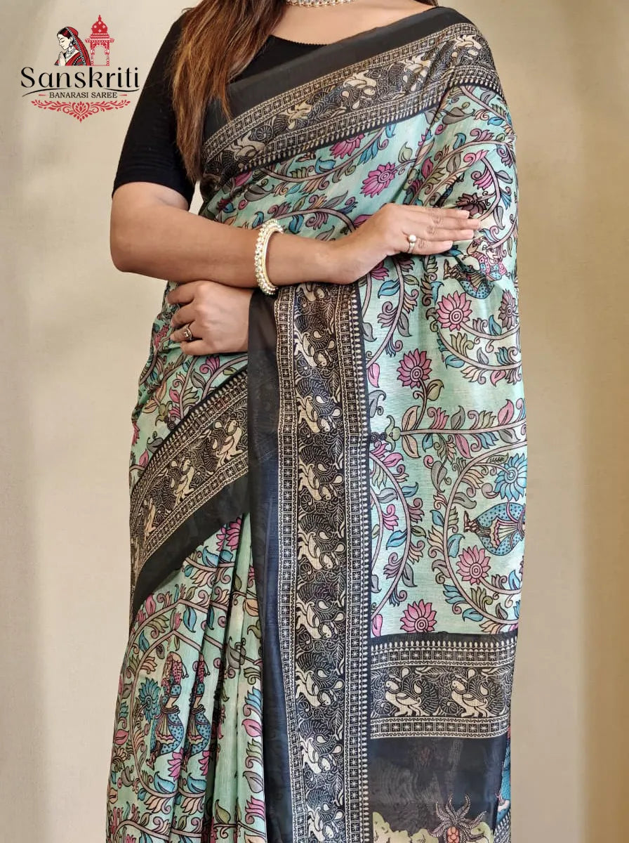 Soft Cotton Chanderi Saree with Kalamkari Digital Print & Decorative Tassels | Elegant Ethnic Wear for Women