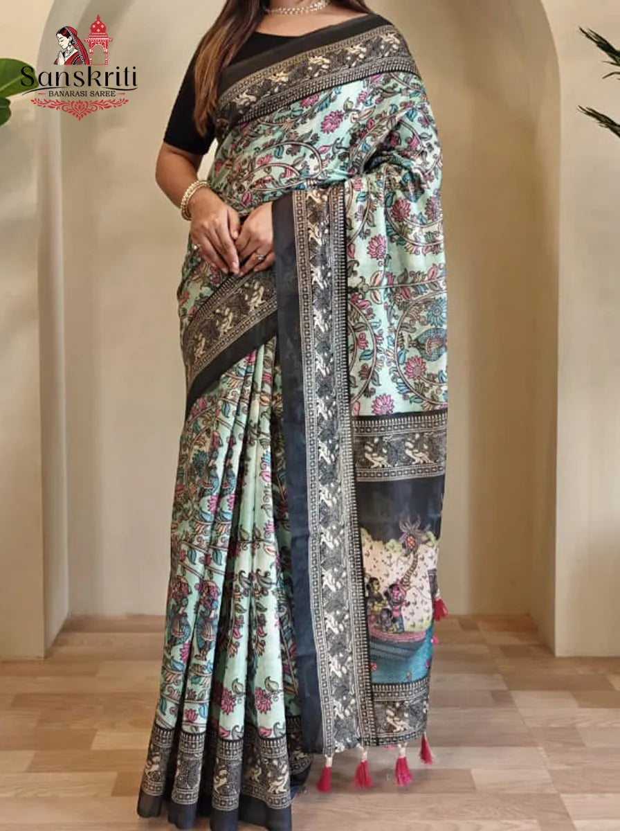 Soft Cotton Chanderi Saree with Kalamkari Digital Print & Decorative Tassels | Elegant Ethnic Wear for Women