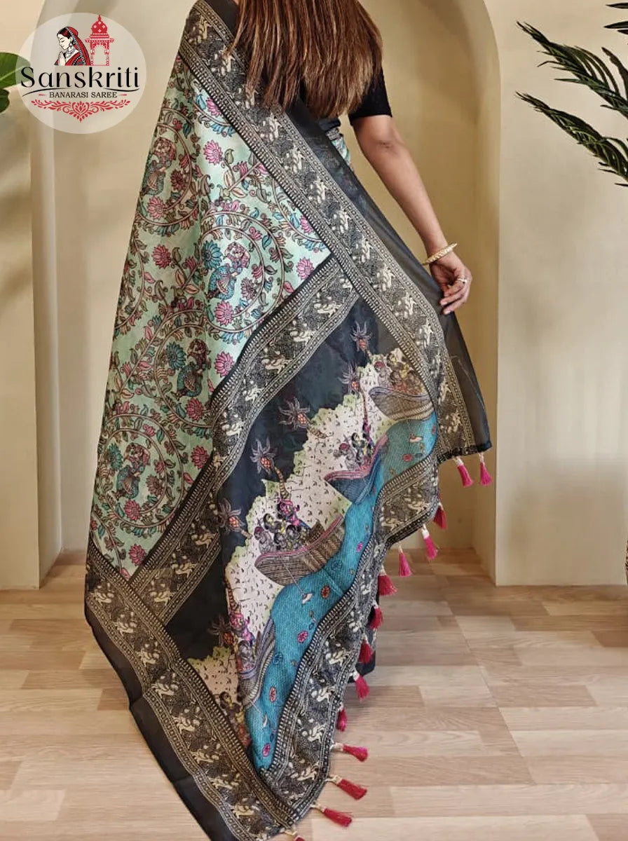 Soft Cotton Chanderi Saree with Kalamkari Digital Print & Decorative Tassels | Elegant Ethnic Wear for Women