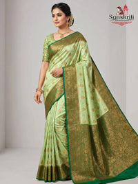 Light Green Banarasi Silk Saree with Dark Green Border & Gold Zari Buti – Premium Soft Silk (6.25 Meters)