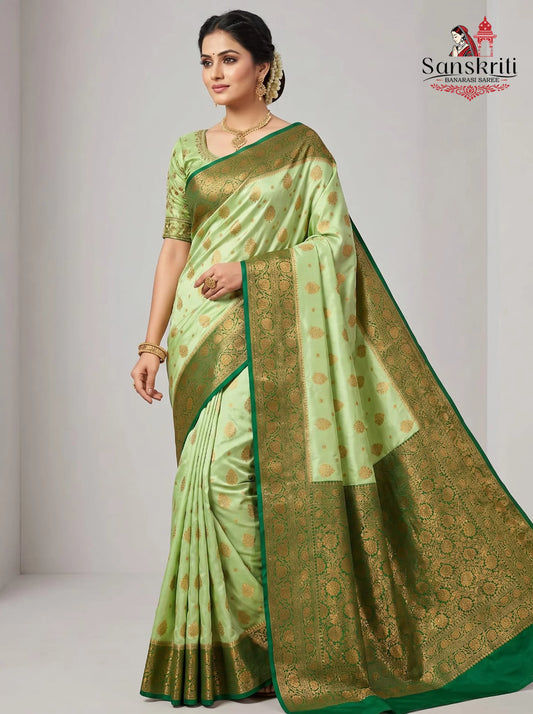 Light Green Banarasi Silk Saree with Dark Green Border & Gold Zari Buti – Premium Soft Silk (6.25 Meters)