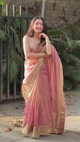 Enchanting Pink Tissue Silk Saree with Metallic Sheen & Regal Flair