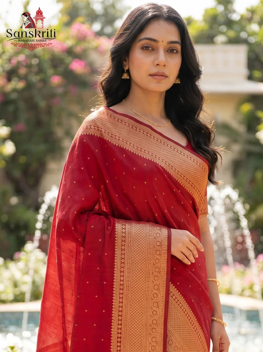 Red Banarasi Handloom Katan Silk Saree with Kashi Ghat Weaves – Traditional Elegance (5.5 Meters)