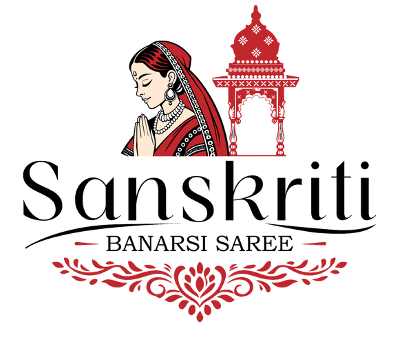 Logo of Sanskriti Banarsi Saree featuring a traditional Indian woman and architectural element on a white background.