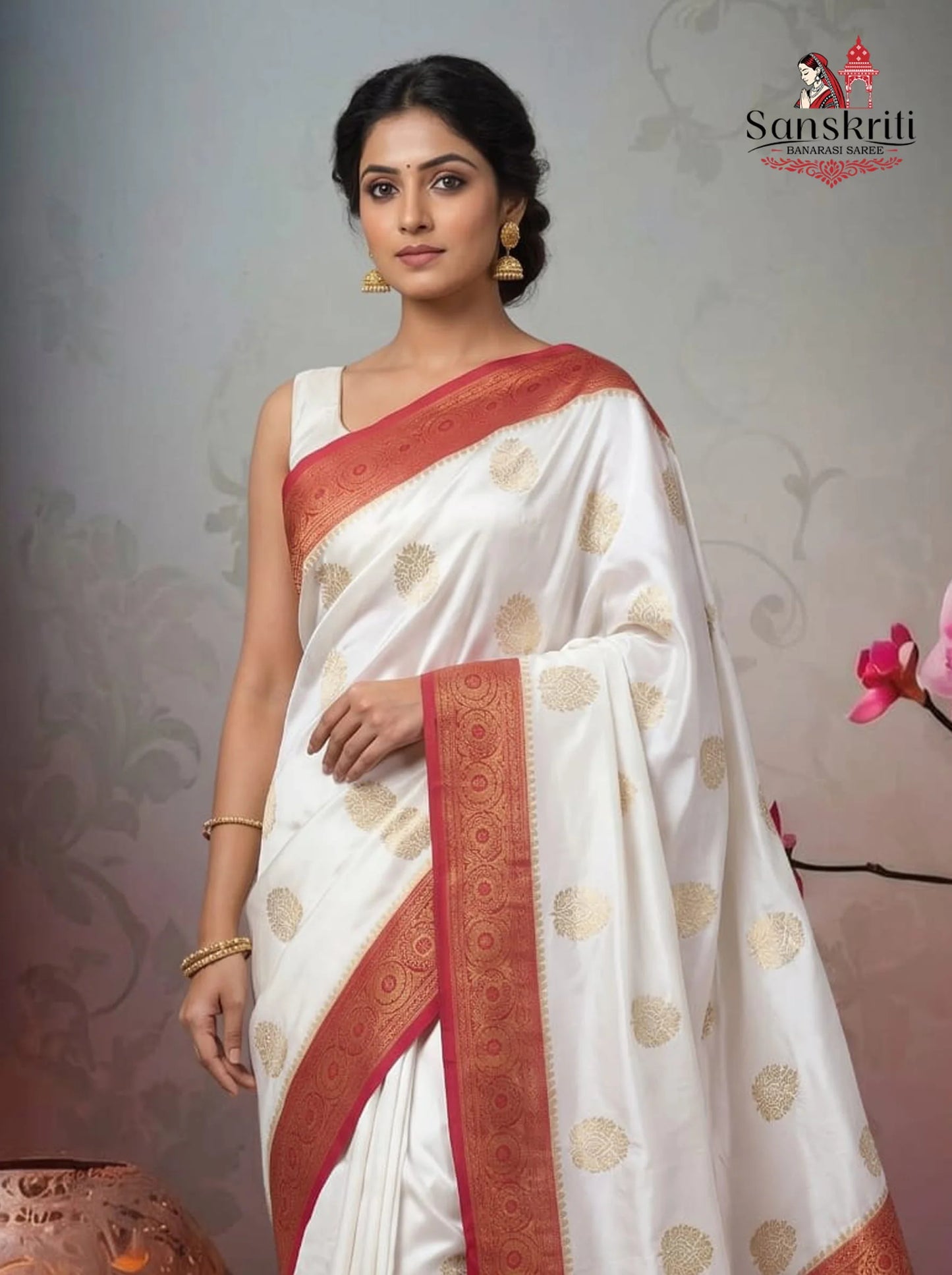 Mushroom Silk Saree with Red & White Buta Design – Premium Elegant Wear (6.25 Meters)