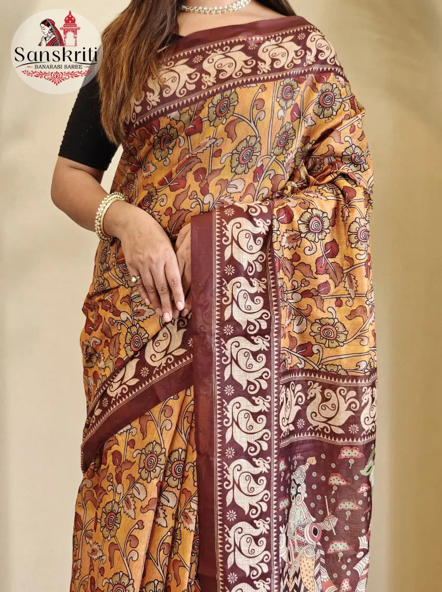 Soft Cotton Chanderi Saree with Kalamkari Digital Print & Decorative Tassels | Elegant Ethnic Wear for Women