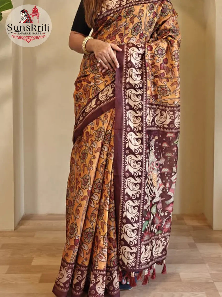 Soft Cotton Chanderi Saree with Kalamkari Digital Print & Decorative Tassels | Elegant Ethnic Wear for Women