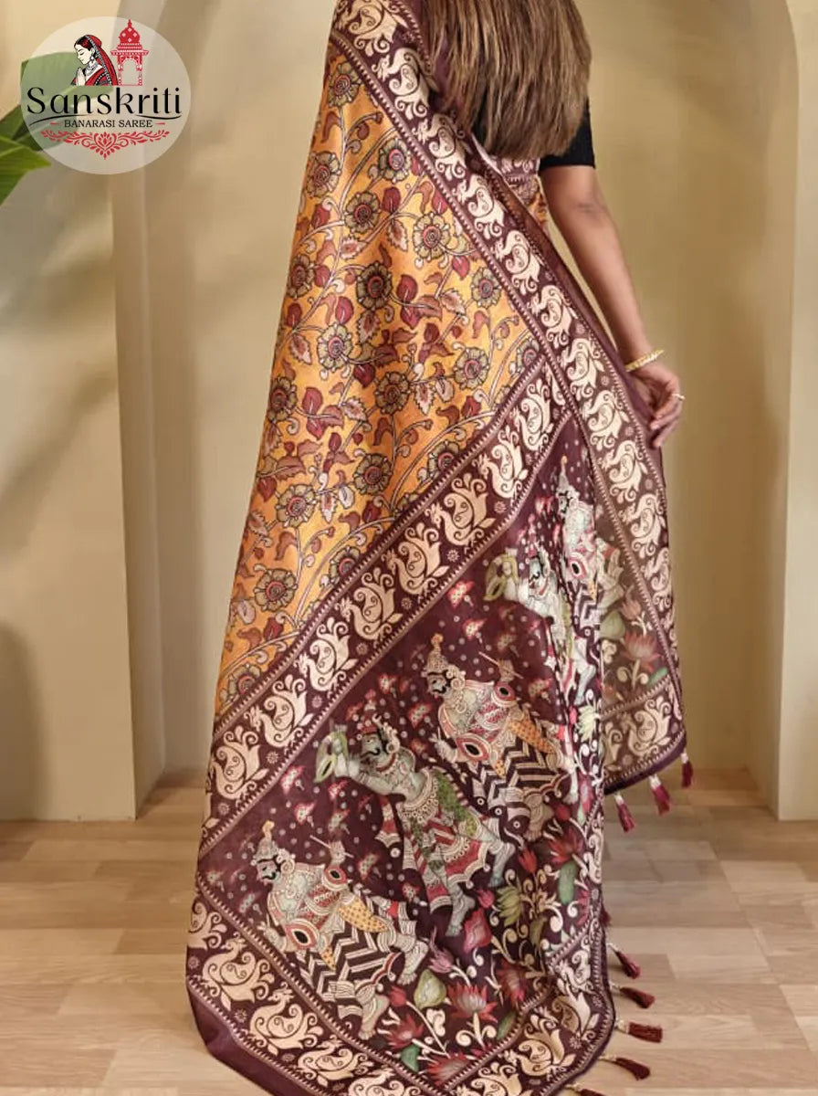 Soft Cotton Chanderi Saree with Kalamkari Digital Print & Decorative Tassels | Elegant Ethnic Wear for Women