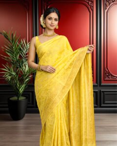 Premium Yellow Mushroom Silk Saree with Traditional Jaal Buta Work
