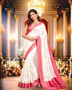 Elegant Mushroom Silk Buta Saree in Ivory White with Rose Pink Border