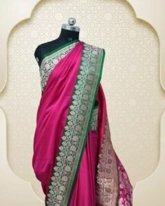 Elegant Mushroom Silk Saree with Rich Red & Green Contrast – 80 Number Quality
