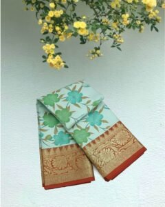 Elegant Patola Bangalore Silk Saree – Mint Green with Floral Motifs & Red Contrast Border